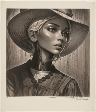 a close up of a drawing of a woman wearing a hat, by Eugene Montgomery, by Edward Otho Cresap Ord, II, by George Biddle, by Ralph Burke Tyree, woodcut art, portrait of ororo munroe, by David Eugene Henry, a portrait of the character, by Amos Ferguson, a woodcut, woman with hat, by Harvey Pratt