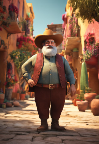 A fat Mexican middle-aged old man with a brown beard, waring a hat, wearing a traditional dress, Pixar, full body, pure front, hands stretched forward, light perception, optimized details