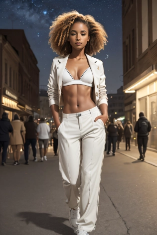 1girl, a woman , 3/4 body, Walking along a street, with windblown hair and a carefree expression, sneakers, sport pants, sport bra, open sport jacket, skinny with an athletic build, abs, flat chest, small breasts, Firm, (perfect anatomy), (detailed eyebrows, beautiful eyes, realistic skin, detailed face:1. 3), Wide-leg culottes, Brown highlights hair, Curly hair, ((standing outside in city street)), stunning modern urban upscale environment