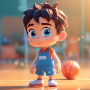 a Super cute sports boy, wearing a basketball vest, blueshorts, big watery eyes?clean bright basketball court background, dreamy, excited, super cute boy lp by pop mart, highdetail, hyper quality, Bright color, mockup blind box toydisney style, fine luster, 3D render, oc render, best quality, 8k, bright, frontlighting, Face Shot, fine luster, ultra detoiled