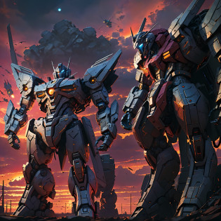 araffe statue of a giant robot standing in front of a sunset, iron giant at sunset, giant mecha robot, giant mecha, Grand mecha, large robot, giant robot mech, giant robots, large robot, engineers building a giant mecha, beeple and tim hildebrandt, beeple and mike winkelmann, transformers cinematic universe