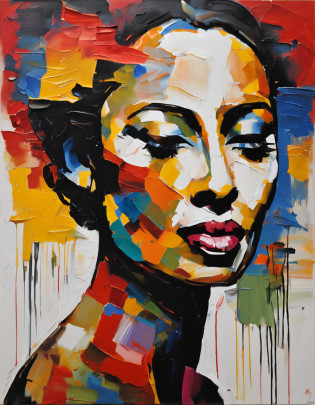Imagen centrada. Pintura facial de Mujer oriental, sobre un fondo negro, Cara abstracta, Retrato abstracto, Cara estilizada, Pintura de arte pop, Cara detallada altamente expresiva, Expresivo rostro femenino, estilo Picasso, Una pintura de arte pop, Hermosa pintura expresiva, Rostro detallado de una mujer japonesa, detailed expression, Estilo Picasso, Estilo cubismo
