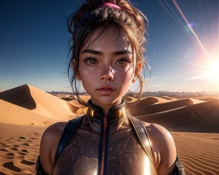 uniform solider young girl, beautiful symmetric face, big kind eyes , (dynamic pose), in a dry desert , bright flare sun, heat radiate, neon sea , wide angle far away shot, cinematics 4k, 8k, desert sun and sun dunes background bright , Far view shot, flushing and fantasy, very beautiful and elegant, highly detailed, digital painting, ultra highres, (realistic, photo-realistic:1), 8k, raw photo, hyperrealism, photography, (photon mapping, physically-based rendering), <lora:add_detail:1> <lora:add_sharpness:1>