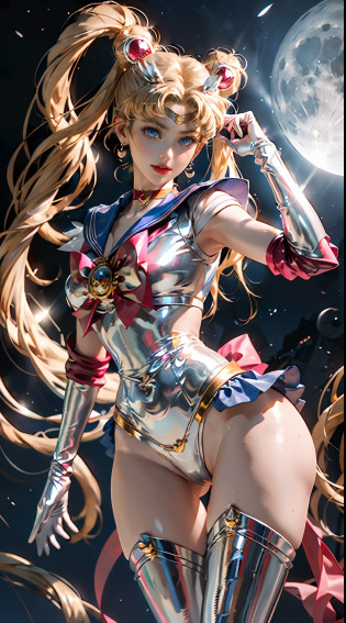 ?masterpiece?ful:1.3?stands?8K??.3D?realisitic?Ultra Micro Photography?top-quality?Wallpapers with extreme details CG Unity 8K?frombelow?intricate detailes?(1 female)?28 year old?(Sailor Moon:1.6 Super Bishoujo Senshi Sailor Moon Mer1?meishaonv,tiarra?Sailor Senshi Uniform Sailor:1.5?sailormoon:1.5,Eternal Sailor Moon)?(Incredibly long bright twin-tailed blonde:1.4?Thin and very long straight twin tail blonde, Hair buns?Red round hair ornament in a hair bun)?((Sailor Senshi Uniform:1.4?Metallic blue collar,Sailor color in metallic blue,Metallic Blue Pregate Ultra Mini Skirt:1.5?very large red bow on the chest,,Long white latex gloves,Red gloves on the elbows?Bare upper arms,Luxurious golden tiara on forehead??Nipple Ring,Luxurious Golden Jewelry Decoration?high leg swimsuit))?Very thin and fit high gloss white holographic leather?High Gloss White Silver Latex SEXY High Leg Cut Swimsuit That Shines Like Oil,Pants are visible,SEXY Model Pose:1.2?dynamicposes:1.2,huge white wings on the back(Details of face:1.5?Blue eyes?Beautiful expression?beautidful eyes?Outline of the iris, Eyes with highlights?thin lipss:1.5?thin and sharp pale eyebrows,?long eyeslashes?Double eyelashes?Thin, thin and muscular,,a small face?tall and large chest?perfectly proportions?big breasts thin waist?Visible Pore?seducting smile?perfect hand:1.5?octan render?highly dramatic picture?(Lunar divinity,cosmic background?rays of moonlight?a moon?Dynamic backgrounds?exquisite lighting and shadow?dynamic ungle?????),Strong natural light?sunlights?Digital SLR?foco n�tido: 1.0?Maximum clarity and sharpness?mecha musume,(Rabbit, Double bun, Twin-tailed, Parted bangs, circlet, Jewelry, earrings, Choker, Red bow, White Gloves, elbow groves, Blue skirt)