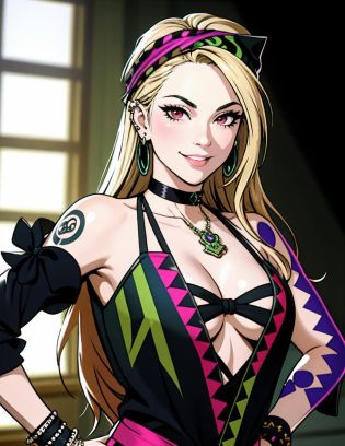 ((Masterpiece, best quality)),edgQuality
smirk,smug,green eyes,
edgSP,Marin Kitagawa, ribbon,bandana,panther patterned clothing ,wearing edgSP_outfit,tattoos ,hand on hip,breasts
 <lora:edgSteel_Panther:0.85><lora:MarinKitagawa:0.45>gradient blonde hair color, piercings, choker,red eyes,