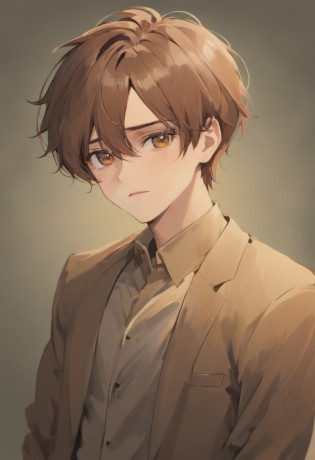 The male figure is a young man?His complexion was a warm gray-gray complexion?The skin is smooth and flawless?He has a pair of dry, fine, fine-grained black eyes?There was a gentle smile on his eyes?Makes it feel peaceful and reassuring?His hair is a thick brown?Slightly curled?Make him look more masculine?His lips are wide and his lips are broad?The wheel profile is soft?It makes people feel peaceful and humorous?His makeup is a careless one?Not too much?Make his complexion more natural?His dress was a soft brown shirt?Close to his body?Make him look more gentle and handsome?His posture is natural and not contradictory?Makes it feel peaceful and natural?