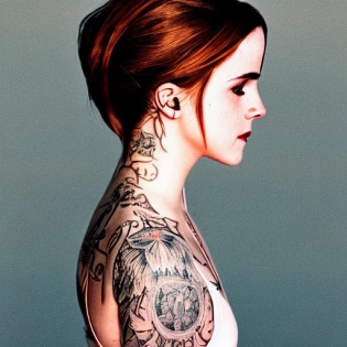 hyper realistic photograph, beautiful portrait of a tattooed Emma Watson, future punk, gold tattoo line, side profile, summer, dramatic light, looking down film grain, Leica 50mm, Kodak portrait 800, chiaroscuro, f1. 4, golden hour �ar 3:4