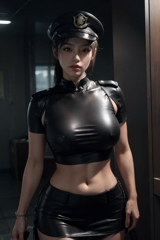 ((tmasterpiece, best qualtiy)), illustratio, Highly detailed 8K, realistic focus, Complicated details, a big breast chinese girl, Policewoman, Resident Evil background, Resident Evil series, resident evil style, Dark, Low light, darkly, Robust body, Sexy and robust, Detailed abs, Detailed muscle lines, Detailed , tit, teat, Bumps, Protruding , Protruding , Protruding , dynamicposes, Dirty body, Greasy body, sweating body, Wet floors, There are stains on the body, Stained walls, hand gun,holding gun:2.0, Chains, rusted, T-back, short� skirt, wear police cap, Highly detailed police equipment, Normal body proportions, Normal face, Normal hands, frontage, fully body photo, tall image, Look from the bottom up, look from down, looki at viewer
