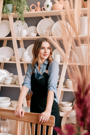 woman standing in front of a table with plates and vases, shot for pottery magazine, jovana rikalo, ceramics, portrait image, hand built ceramics, ceramic, anna nikonova, amanda lilleston, candid portrait photo, aleksandra waliszewska, mid shot portrait, liana, ( ( emma lindstrom ) )