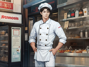 ?absurderes?A high resolution?ultra�-�detailed?realisticlying???1 male????AS-Adult?mature?Tall?Handsome?mtu?Handsome?White chef's suit?White chef hat?Small shop on the street?Spot?Shout loudly