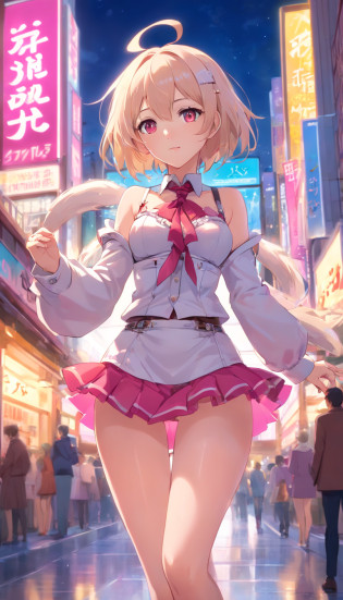 Beautiful white skin anime girl with pink miniskirt,White garters garters,white bustier?golden trim,Steampunk style clothes,full bodyesbian,with short white hair,Red outline, greene eyes,Pink lenses,Rococo style,NFFSW,NFFSW,8K,Futuristic retro city at night?Wholeness?Open?Exposing female genital organs?Milk liquid?On the thighs?Sexual ?Sexual themes