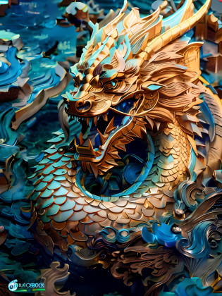 Dragon statue on blue background?wave, cyan chinese dragon fantasy, Detailed digital 3D art, intricate ornate anime cgi style, smooth chinese dragon, Chinese Dragon, Highly detailed digital art, high detailed digital art, ultra detailed Digital art, 8K high quality detailed art, Golden dragon, chinese dragon concept art, majestic japanese dragon, dragon design language