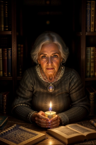 a 65 year old woman, Greying hair, Slightly wrinkled, Demonologist, Light Skinned, scholar, Fantasy medieval clothing, Candlelit library, Portals, Fantasy, Photo Realistic. Extremely Detailed. face focus, highest quality, backlighting, lens flare, by Jeremy Lipking, by Antonio J. Manzanedo