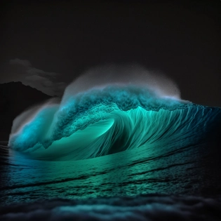 85mm f/1. 4 Photo of a bioluminescent wave at Teahupo'o, Atmospheric, cinematic lighting, high contrast --v 4