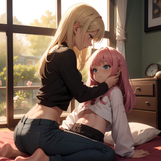 obra maestra,highest qualityr,Dormitorios,small room,Little girl bringing her face closer to Sakura ,Chica rubia disfrazada de gato,La chica al lado,Chica con cuello rojo,Chica con ojos verdes,pecho plano,Shy look,cara roja,tembloroso,Chica con cola,Navel ejection?Chica con camisa negra,Chica en pantalones cortos de mezclilla de poca altura,Chica con calcetines negros hasta la rodilla,Woman stroking a girl's head,Sakura?mujer hermosa,mujer en pijama hermosa,sweating,humeante,Los corazones vuelan