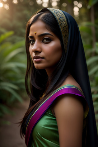 A portrait of a 27 year old Bangladeshi muslim women wearing solid colored saree,Veil on the head, simple eyelashe in her eye, faded lipstick on her lips, sweet facial expression,  standing middle of a jungle road,background bumble bee flying, moody tone, dreamy , specular lighting,hand with cuplammp, soft light tone in her face, environment is in after sunset, inbackground bumble bee flying , dark tone, girl skin brunatee, silky hair, soft light, portrait photography,world class portrait photography, RAW, realistic face detail,detailed facial features, firminbaes,backgroundblurbokeh , intense gaze,captured by Sony Alpha a7 Illcamera with Sony FE 24-105mm f/4 G OSS lens*