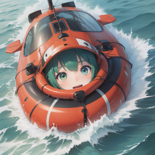 Cat girl (green short bob hair, green eyes), illustration of a cool rubber boat galloping over the sea, shape of a rubber boat: as an image, you can draw a rubber boat with a sporty and sophisticated design. The hull is slim and streamlined, with a pointed tip. The bottom of the ship is shallow, giving the impression of floating on the surface of the sea. Rubber boat coloring: To emphasize the coolness, you can choose a fancy coloring. For example, you can add metallic silver stripes and designs to a bright red or blue body. Colorful decals and logos also help to give character to the rubber boat. Galloping expression: In the illustration, you can make a rubber boat feel the speed. A composition that looks like running through the sea while bouncing on the waves