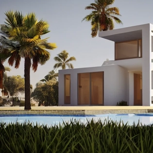 small modern villa, cubic architecture, Bauhaus style mix to white Islamic architecture, small villa, Desert, Concrete, Cubic, geometric, detailed, ultra-realistic, unreal engine, beautiful lighting, post-processing, 8k octane, de-noise, golden hour, in frame, centered