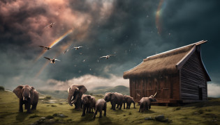 closeup on Noah next to the ark, Dark sky and many animals around the ark, ultrarrealista |