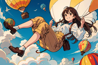 (Best quality, Masterpiece),Sunny?Broad lens?(Brown hair long)?Lively cute girl with long brown hair?Sit in a hot air balloon?Take a hot air balloon ride?Hot air balloons flying in the sky?laughing very happily?Soar in the sky