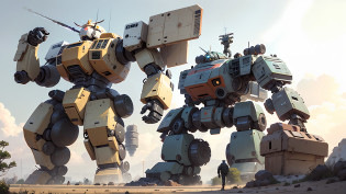 there is a giant robot sculpture in the middle of a field, giant mech, giant mecha robot, giant robot mech, mech machines firing bullets, giant robots, giant anime mecha, army of big robots, big mecha, heavy detail, war mechs fighting, konami mecha, battle mech, battlemech, japanese mecha, large robot