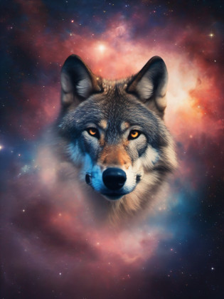 visage de loup dans l'espace, stars, nebula, univers