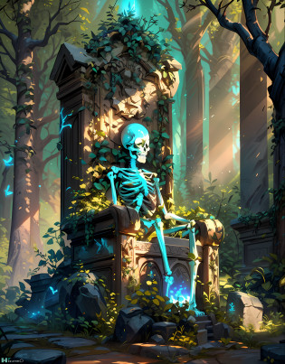 ((masterpiece)) picture of a fantasy grave guardian ,grave guard(( skeleton )) sitting on((stone Thorne)) , under the beautiful ( fantasy) nature the throne is , ((detail forest)) ((small details)), (Bioluminescence runes skeleton),focus on grave throne stone, ivy plant surrounding the throne, inspired by senior environment artist, ((ancient grave guardian)),  , (intricate details), ((ultra-hd))unreal engine (fantasy art),(( unreal engine)) render concept art, ornate one ancient tample ruins, ((glowing nature)), picture capture with each every (((small details))), ((highly detailed))