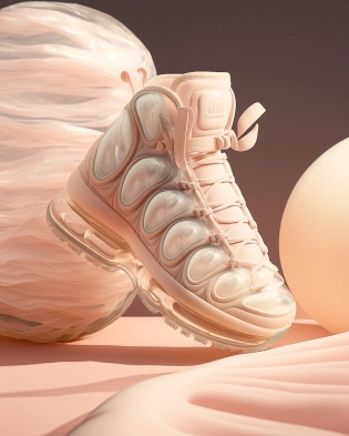 Fashion shoot, Jacquemus and moncler collaboration: light pink translucent fur sneakers, hyper-realistic, detailed 8k, realistic.