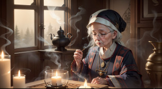 Ultra-real granny scent! In the middle of the night, the incense is shrouded, the mysterious religious atmosphere is integrated with traditional culture, and the figure of the grandmother burning incense is clearly visible, as if shining with light. The candlelight reflects Grandma's special face, and the details are so realistic that you can almost smell the fragrance. In the distance, dim windows and soft dusk afterglow, while the scene of burning incense is illuminated by soft lighting, presenting a very three-dimensional layering.