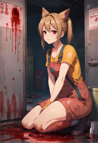 dirty scene of female serial killer catgirl with two cat ears in brightly-lit warehouse in realistic style, close portrait shot of feminine neglected senior woman with cat ears in a bloodied blood-covered poop-smeared poop-stained white shirt standing in a well-lit room, working clothes, work clothes, her clothes are torn and dirty, wearing dirty overalls, grease-stained work clothes, (dirty), poop-smears, rust stains, working woman mechanic, stained coveralls, portrait shot torso and up, bodily neglect, homeless filth, eye-level shot, in the rusty and bloody style of the playstation 2 video game silent hill 3, scary dirty, hard work, greasy hands, soot, sooty, silent hill aesthetic, resident evil aesthetic, (brightly lit garage), unclean, bodily neglect, murder scene, serial killer, bathed in blood, blood blood blood blood blood, realistic poop-smeared, soaked in blood, clothes covered in poop, catgirl from the playstation 3 silent hill,
