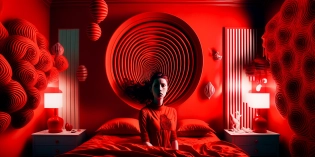 woman on bed, bed in cage, cage in red room, whip on wall :: red::1 --ar 2:1 --v 4
