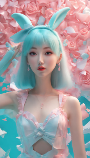A girl, Tiffany blue hair, Tiffany blue hair, Short hair, (With metal rabbit ear headband: 1.2), full bodyesbian, (Exquisite features: 1.5), Wear a dreamy, surrealist frilled skirt, The color of the dress is a Tiffany blue and pink gradient, There are pink marshmallows around?Like coral, Dance on pink dotted with black butterflies, The overall ambient color is Tiffany, style of surrealism, artistic photograph, in wonderland, Tiffany's dream, Soft dreams, Transparent light, high-definition photography,