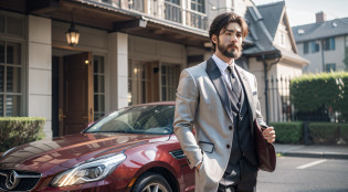 Wearing an elegant suit, displaying a well-groomed beard, and an air of prosperity, he personifies the quest for wisdom, self-mastery, and resilience amidst the current backdrop.Alongside a luxury car and sporting an exquisite timepiece, he represents not only the pursuit of inner serenity but also the material success achieved through the application of these philosophies in contemporary life. The wealth surrounding him reflects the balance between the search for inner knowledge and external prosperity.The man is immersed in a sophisticated environment, surrounded by a mansion behind him, and elements that represent the knowledge and success he has acquired through the application of these philosophies in the modern context. The setting is refined and balanced, emphasizing his pursuit of inner serenity amidst the hustle and bustle of present-day life.