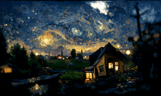 starry night scene with a small house and a pond, in style of van gogh, van gogh art style, van gogh style, vincent van gogh style, 4k highly detailed digital art, style of van gogh, starry-night!!!!!!!!!!!!!!!!!!!!, style of van gogh starry night, inspired by Van Gogh, starry night, in the starry night