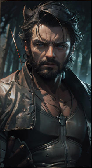 In the primeval forest?Dense bushes?Spooky woods??realisticlying?1.2???hentail realism???tmasterpiece?1.2???best qualtiy???Hyper-detailing???8K?4K??????full body shot shot?1???85mm??Particle light?illuminating??high detal?1.2???Detailed face?1.2??s the perfect face?Perfect lighting?Hugh Jackman as Wolverine?VHS effect??poster for?1.6??poster on wall?Nostalgia?filmposter?sportrait?closeup cleavage?skin textures??intricately details?finely detailled?Hyper-detailing?Ray traching?sub surface scattering?diffused soft light?shallowdepthoffield?author?Oliver Wetter??Wolverine?Landslides and ground fissures?The ground shook?Death glow?Serious look? jaqueta de couro?Leather boots?angry look?green pupills?Wolverine's claws grow on the hands??Wolverine suit?1.2??Gravel background?Broken ground?As Wolverine Logan?Hands clenched into fists??Details Wolverine Steel Claw???finelydetailedskin?1.3???nice hand??Detailed hands?detailed back ground, perfect  eyes, Seductive eye, looking at viewert, From the front?cinematric light?edge lit???????Best shadow?delicated?octanerender?unreal-engine?Glaring ahead?