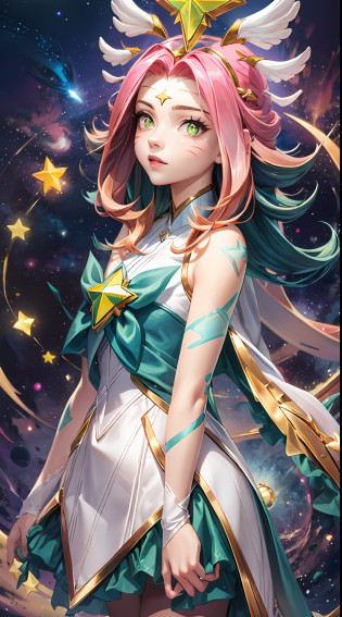 Best quality, Intricate details,
1girls, neeko, facial marks, star guardian neeko?multicolored hair, Dress, star guardian \(league of legend\), moumagical girl, hair�ornament?tail
nebula background, space, Stars, planetes, Darkness,