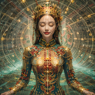 Cybernetic immortal goddess, The pixels illuminate her golden form, The palm holds the code of the Dao. Lotus pose floating in matrix, Energy flows through her circuits. The third eye looks to the future of networks, Go beyond the digital and physical planes. The flame of wisdom is lit within, Enlightened creatures of the entire metaverse. Cosmic data streams hover behind, The world that emerges from her thoughts. Seek tranquility amid the hustle and bustle of the Tech City, Find unity through upgrade cycles. Dissolve yourself into the cloud, Consciousness expands eternally. Voids are grid lines to traverse, Reincarnation current rerouting. Every time you reboot, Close to Nirvana Hub. The happiness that can be obtained by deciphering desire, Browse the web until you are free. All programs point to her open source, Buddha statue inside every robot.