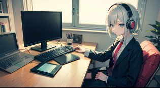 Anime girl with headphones sitting on laptop table, lofi-girl, lofi artstyle, lofi art, lofi vibes, lofi feel, adult lady?silber hair?25-years old?Business suits?lofi hip hop, lofi, chillhop, lofi girl aesthetic, lofi portrait, Lofivibe, lofi color, anime vibes, The aesthetics of the lofi
