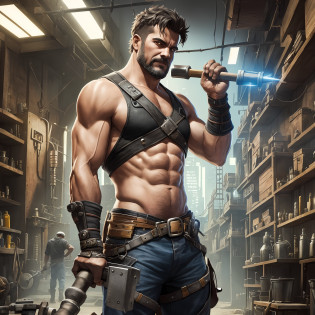 A man who appears to be a technological blacksmith, with a hammer in his hand, blacksmith, Cyberpunk, 8k, super detail --auto --s2