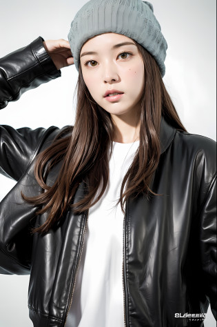 (
(8k:1.27), best quality, masterpiece, ultra highres:1.2) Photo of Pretty Japanese woman
 (beautiful:1.1) (sci-fi warrior woman:1.1) space soldier, (beanie:1.61) (leather jacket:1.21) intricate elegant, fantasy, detailed, ometric by greg rutkowski and alphonse mucha, gradient lighting