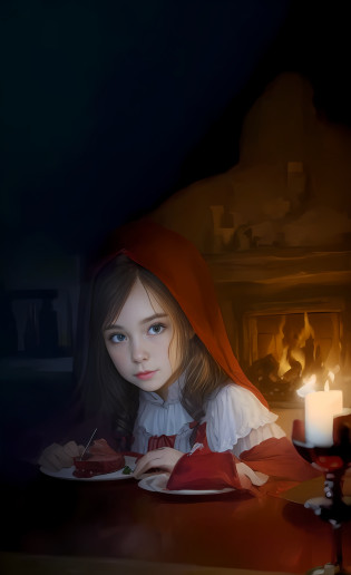 Little Red Riding Hood, fireplace, dining table, steak with blood, candles, red wine