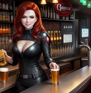 black widow,natasha romanoff,beautiful face,selling beer,bar shop,no sexy,bar lighting,smiling,night market,8k
