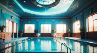 Close-up of a solarpunk pool in a room with skylight, solarpunk mansion, solarpunk bedroom background, dream pool, teal lighting, solarpunk room, blue and cyan scheme, indoor pool, teal ambient light, solarpunk decoration, beautiful 3d rendering, turquoise color scheme, futuristic interior, bright shade of teal, CGI rendering, a pool inside the giant solarpunk palace