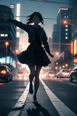 Emily is accelerating her pace, Hoping to get home before the living darkness completely envelops. Photograph: Emily's feet are moving fast, Her shadow stretches in front of her as the street lights start to flicker.