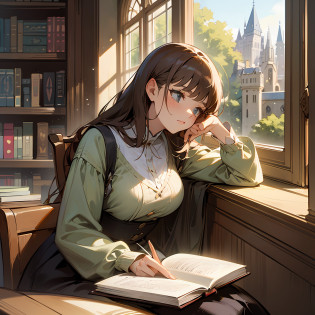 arafed woman sitting on a window sill reading a book, storybook wide shot :: hd, near a window, sitting in a castle, leaning against the window, dramatic reading book pose, book portrait, wide portrait, reading nook, dramatic reading spell book pose, window light, inspired in balthus, reading in library, near the window, reading a book
