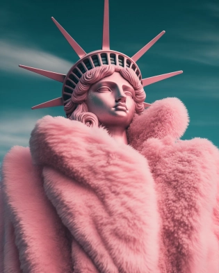 Statue of Liberty wearing a pink fluffy fur coat, drone photo, 8k octane rendering, high resolution photography, hyperrealism, insanely detailed, 8k, ultra realistic, commercial photography, professional color grading, --ar 4:5