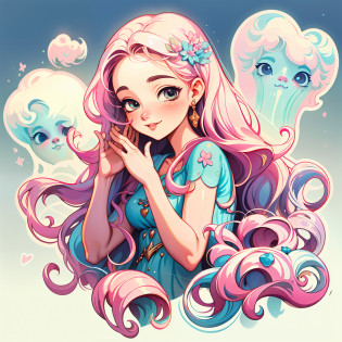 Mixture,1girll, simple backgound, sportrait, Girl with long hair, Smiling girl, Beautiful Aphrodite girl,The hands are in the status quo of love? Aphrodite aesthetics, Beautiful girl, very beautiful fantasy art, Beautiful and elegant female Aphrodite, beautiful detailed fantasy, , Pink theme