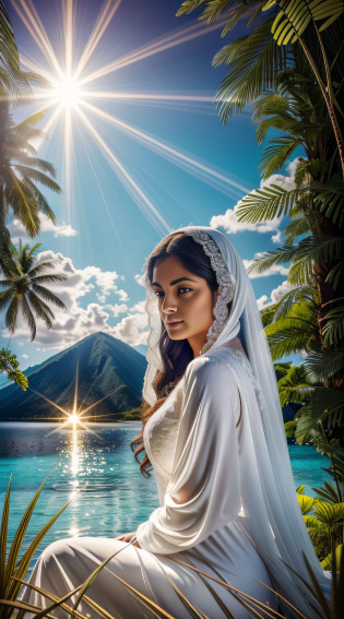 Reflecting Divine Serenity - Realistic Photography of Uriel Sitting in Paradise in Light RobesIn This Creative Exercise, you will be guided to create an exceptionally detailed and realistic photographic image of Uriel, a guerreira celestial, sitting in a paradisiacal setting. Your mission is to capture not only the beauty and tranquility of the scene, but also to convey the heavenly aura and serenity of Uriel as she rests in paradise. Uriel is sitting on a plot of land covered by a carpet of soft, verdant grass. Ao fundo, Crystal clear water waterfalls fall gently, creating a soft murmur that fills the air. The golden light that bathes the scenery highlights the iridescence of the feathers of its wings. As roupas fluem suavemente em torno dela, creating a sense of movement even when sitting. Soft shades of blue and white reflect the purity and peace of the paradisiacal environment. Seus olhos, suavemente fechados, suggest that she is immersed in divine thoughts or spiritual communion. There's a faint smile on her lips, conveying the joy and harmony she finds in this heavenly refuge. As texturas da grama, of Uriel's clothes and wings are rendered accurately, conveying the tactile and visual feel of the scene. The soft reflections of light on her clothes and wings add a dimension of realism and depth to the image. The scene captures the essence of the ethereal beauty and tranquility that Uriel represents. Cada detalhe, from the light robes to the natural elements around them, contributes to the visual narrative of a divine moment of introspection and peace in paradise., chromatic aberration abuse, UHD, retina, masterpiece, ccurate, anatomically correct, textured skin, super detail, high details, high quality, award winning, best quality, highres, 1080P, HD, 4K, 8k, 16k --q 5