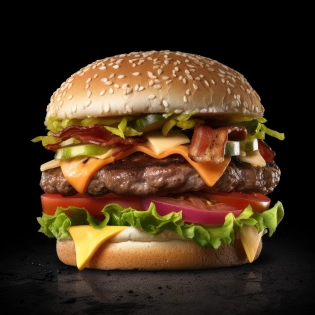 hamburger with bacon, lettuce, tomato and cheese| promotional image| hyperquality| products shot| full - color| extreme render| mouthwatering --v 5