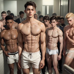 beautiful and young adult men, of different ethnicities, semi naked in a school only for Men, with firm pectorals, schoolboy man in school uniform, shorts and sexy underwear and a sports uniform, in the men's dressing room, men in the background, in the school showers school showers, school carpet, rich, erotic, sensual, lascivious masculine,  seductive, exciting, submissive, domineering, fearful, disturbing, perversely sexual, sexy, men only, romantic, moody, very detailed skin, skin pores, school dress, sunny weather, steam, showers,